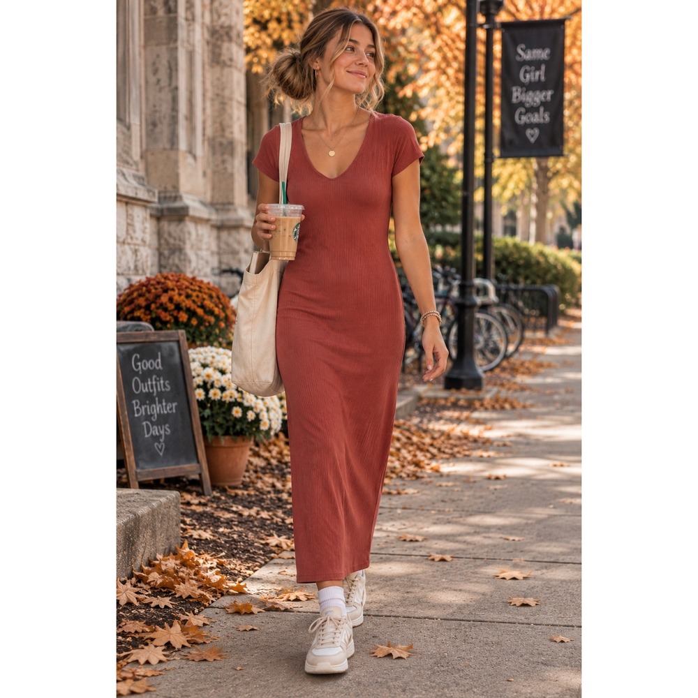 See You Monday Ribbed V-Neck Midi Bodycon Dress Rust Orange Short Sleeve Large